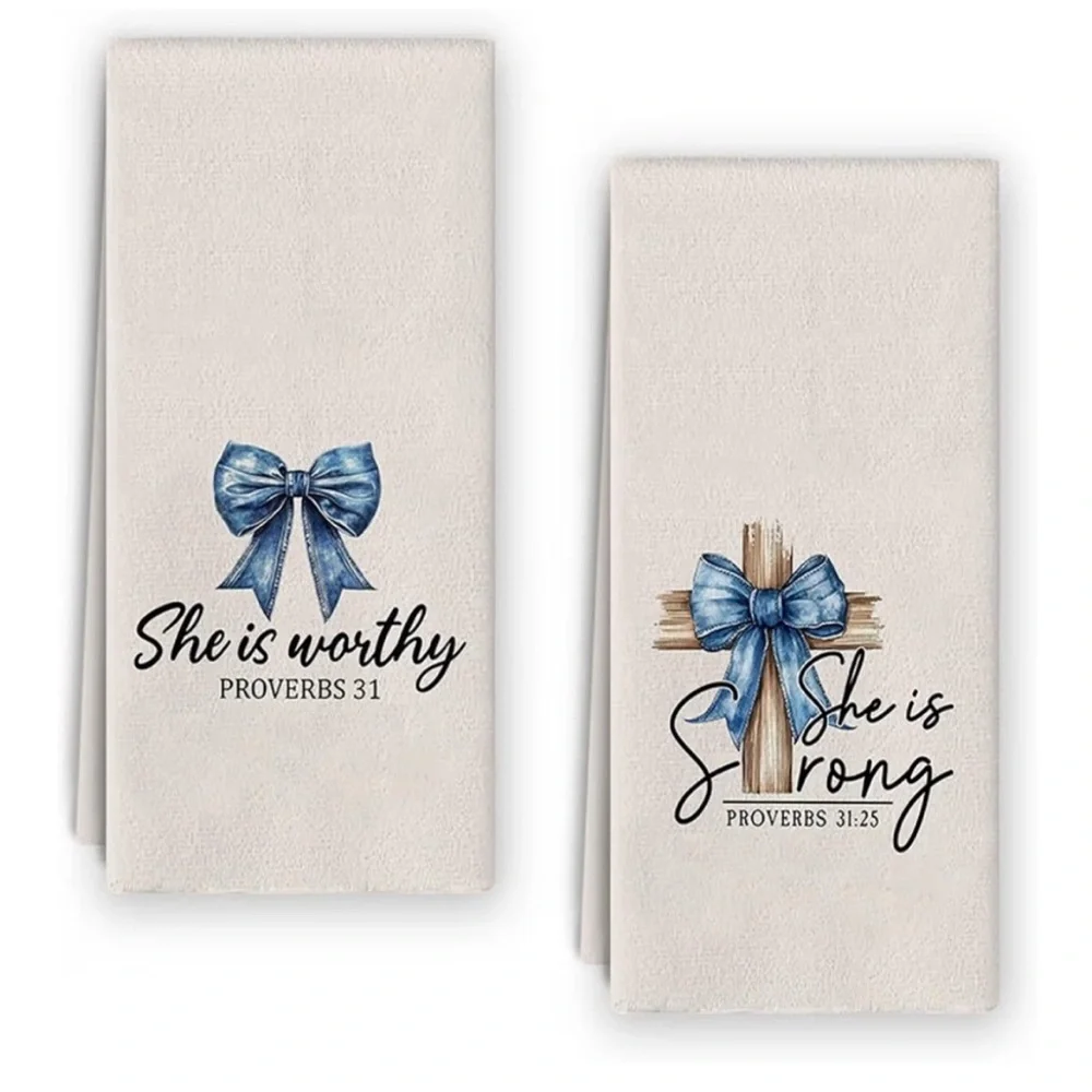 Embroidered Scripture Kitchen Towels - Blue Bow Design